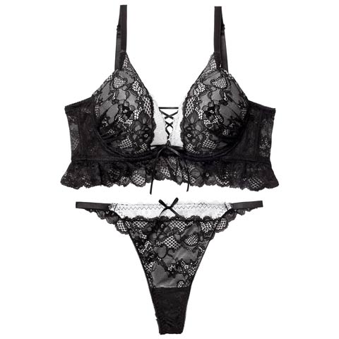 12/26新作!ディープリボンレースアップ育乳脇高ブラジャー&バック透けTバックショーツ[推し][人気](ブラック-B65/ショーツM)