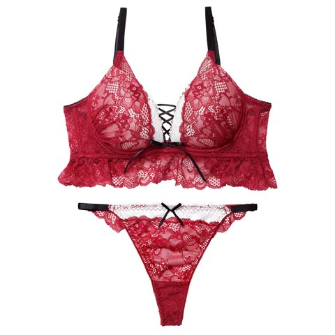 12/26新作!ディープリボンレースアップ育乳脇高ブラジャー&バック透けTバックショーツ[推し][人気](ワインレッド-B65/ショーツM)