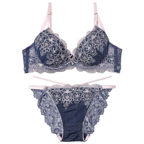 12/5新作!【EFサイズ】グリッターダマスククロスブラジャー&バック透けフルバックショーツ[推し](ネイビー-E70/ショーツM)