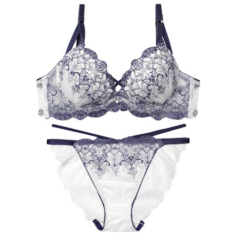 12/5新作!【EFサイズ】グリッターダマスククロスブラジャー&バック透けフルバックショーツ[推し](ホワイト-E70/ショーツM)