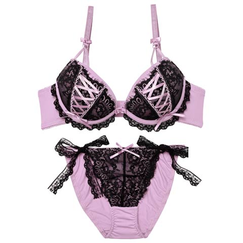 11/12新作!メルトリボンレースアップブラジャー&フルバックショーツ[推し][人気](パープル-B65/ショーツM)