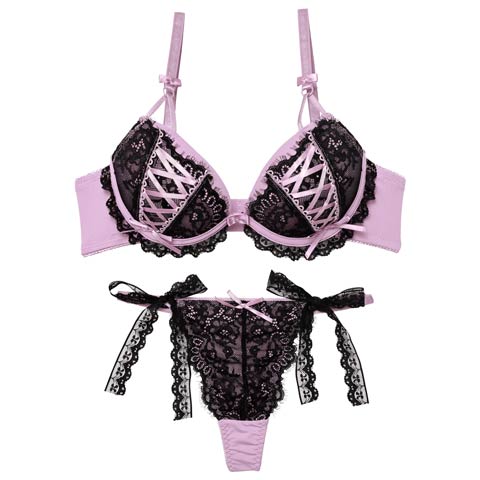 12/1新作!【Tバック】メルトリボンレースアップブラジャー&Tバックショーツ[推し][人気](パープル-B65/ショーツM)