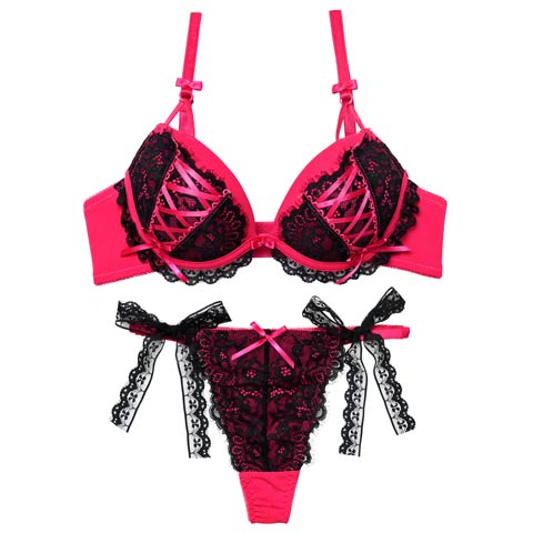 12/1新作!【Tバック】メルトリボンレースアップブラジャー&Tバックショーツ[推し][人気](ポップピンク-B65/ショーツM)