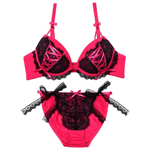 11/12新作!【EFサイズ】メルトリボンレースアップブラジャー&フルバックショーツ[推し](ポップピンク-E70/ショーツM)
