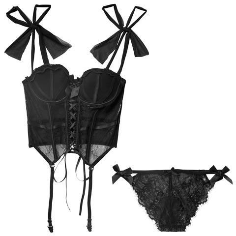 9/5新作!【Tバック】レースアップリボンビスチェブラジャー&バック透けTバックショーツ[推し](ブラック-フリー)