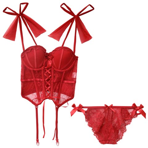 9/5新作!【Tバック】レースアップリボンビスチェブラジャー&バック透けTバックショーツ[推し](レッド-フリー)