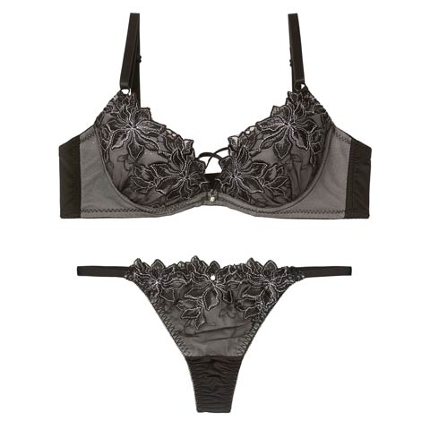 2/6新作!【Tバック】エレガントブルームコード育乳脇高ブラジャー&Tバックショーツ[推し][人気](ブラック-A70/ショーツM)