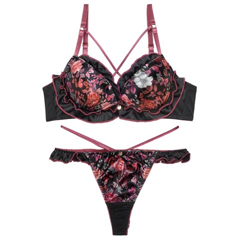 12/29新作!【Tバック】グロリアスブルームフリルブラジャー&バック透けTバックショーツ[推し][人気](ブラック-A70/ショーツM)