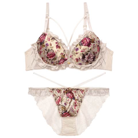 12/29新作!【EFサイズ】グロリアスブルームフリルブラジャー&バック透けフルバックショーツ[推し](シャンパンゴールド-E70/ショーツM)