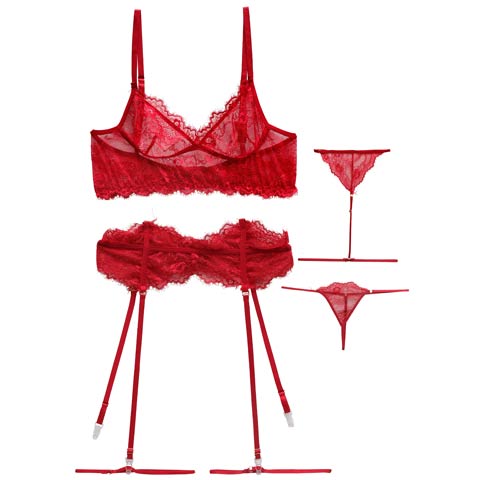 10/8新作!【Tバック】【4点セット】センシュアルレディレースブラジャー&Tバック&チョーカー&足リンク[推し](レッド-フリー)