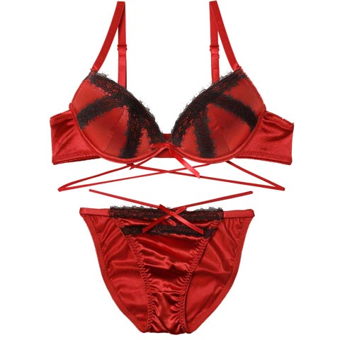 12/24新作!グリッターサテンレースストリングブラジャー&フルバックショーツ[推し][人気](レッド-B65/ショーツM)