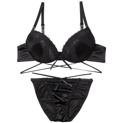 12/24新作!グリッターサテンレースストリングブラジャー&フルバックショーツ[推し][人気](ブラック-B65/ショーツM)