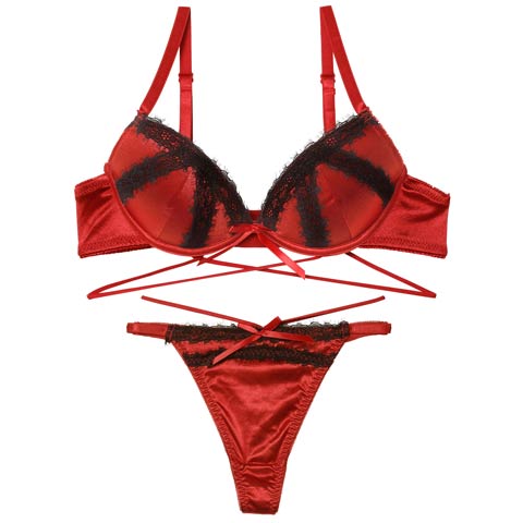 12/24新作!【Tバック】グリッターサテンレースストリングブラジャー&Tバックショーツ[推し][人気](レッド-B65/ショーツM)