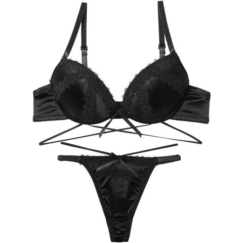 12/24新作!【Tバック】グリッターサテンレースストリングブラジャー&Tバックショーツ[推し][人気](ブラック-B65/ショーツM)
