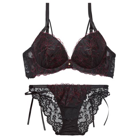 1/21新作!【かとゆり着用】レディブーケエンブロイダリーブラジャー＆サイド紐バック透けフルバックショーツ[推し][人気](ブラック-A70/ショーツM)