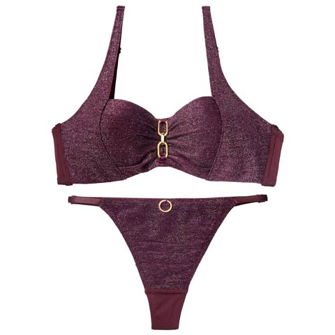 12/17新作!【Tバック】シャイニーエレガントチェーンブラジャー＆Tバックショーツ[推し][人気](パープル-B65/ショーツM)