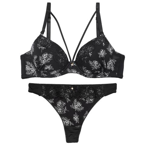 3/25新作!【Tバック】アンティークフラワーコードブラジャー&Tバックショーツ[推し](ブラック-B65/ショーツM)