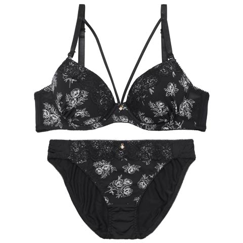 3/25新作!【EFサイズ】アンティークフラワーコードブラジャー&フルバックショーツ[推し](ブラック-E70/ショーツM)
