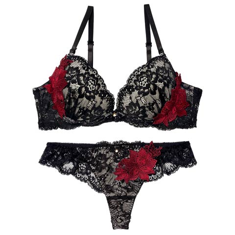 3/23新作!【Tバック】ラグジュアリーブルームレースブラジャー&バック透けTバックショーツ[推し](ブラック-A70/ショーツM)