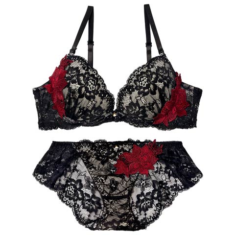 3/23新作!【EFサイズ】ラグジュアリーブルームレースブラジャー&バック透けフルバックショーツ[推し](ブラック-E70/ショーツM)
