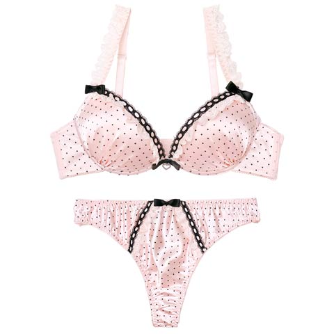 2/6新作!【Tバック】スウィートリボンドットブラジャー＆Tバックショーツ[推し][人気](ピンク-B65/ショーツM)