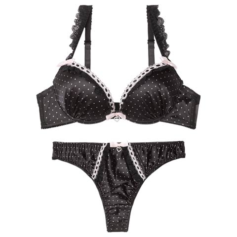 2/6新作!【Tバック】スウィートリボンドットブラジャー＆Tバックショーツ[推し][人気](ブラック-B65/ショーツM)