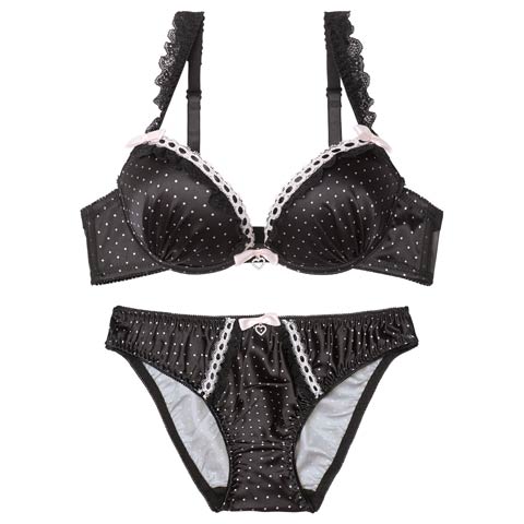 2/6新作!【EFサイズ】スウィートリボンドットブラジャー＆フルバックショーツ[推し](ブラック-E70/ショーツM)