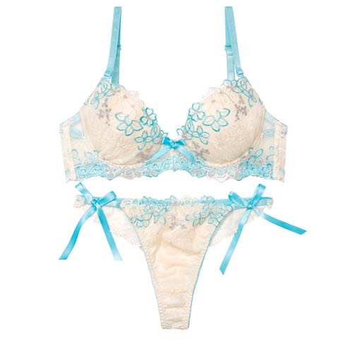 4/6新作!【Tバック】プリティビビットフルールブラジャー&サイド紐バック透けTバックショーツ[推し][人気](サックス-B65/ショーツM)