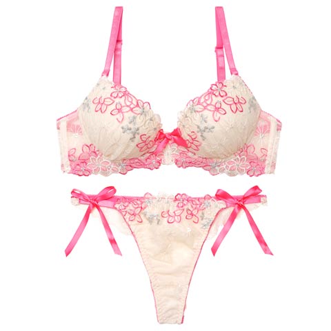 4/6新作!【Tバック】プリティビビットフルールブラジャー&サイド紐バック透けTバックショーツ[推し][人気](ピンク-B65/ショーツM)