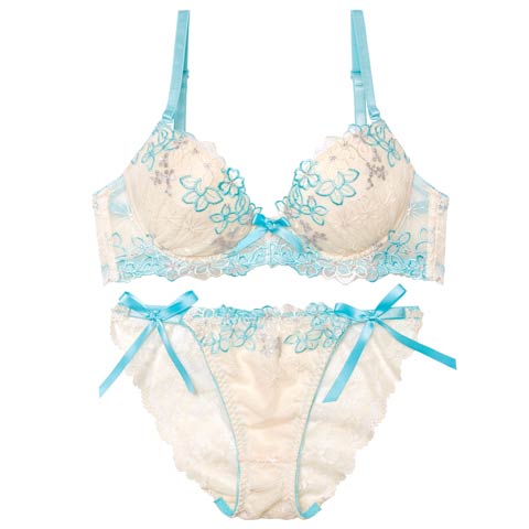 4/6新作!【EFサイズ】プリティビビットフルールブラジャー&サイド紐バック透けフルバックショーツ[推し](サックス-E70/ショーツM)