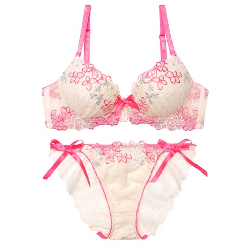 4/6新作!【EFサイズ】プリティビビットフルールブラジャー&サイド紐バック透けフルバックショーツ[推し](ピンク-E70/ショーツM)