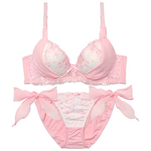 1/23新作!ミルキーブロッサムリボン育乳脇高ブラジャー&サイド紐フルバックショーツ[推し][人気](ピンク-B65/ショーツM)