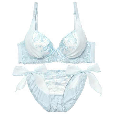 1/23新作!ミルキーブロッサムリボン育乳脇高ブラジャー&サイド紐フルバックショーツ[推し][人気](サックス-B65/ショーツM)