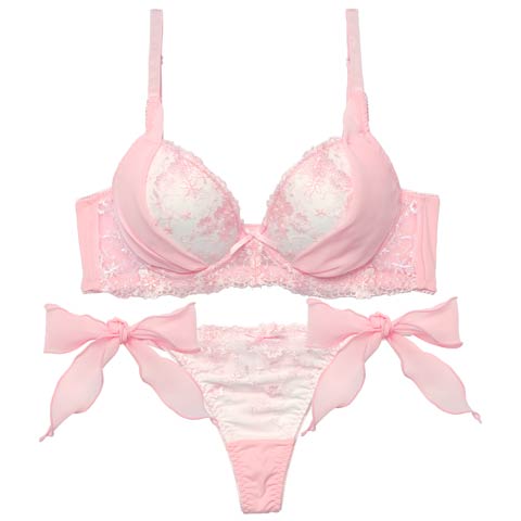 1/23新作!【Tバック】ミルキーブロッサムリボン育乳脇高ブラジャー&サイド紐Tバックショーツ[推し][人気](ピンク-B65/ショーツM)