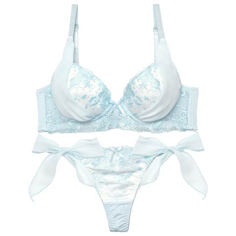 1/23新作!【Tバック】ミルキーブロッサムリボン育乳脇高ブラジャー&サイド紐Tバックショーツ[推し][人気](サックス-B65/ショーツM)