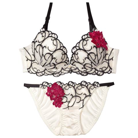 3/30新作!【三上悠亜着用】エレガントアシンメトリーブロッサムブラジャー&フルバックショーツ[推し][人気](オフホワイト-A70/ショーツM)