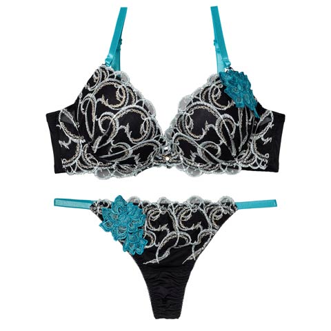 3/30新作!【Tバック】【三上悠亜着用】エレガントアシンメトリーブロッサムブラジャー&Tバックショーツ[推し][人気](ブラック-A70/ショーツM)