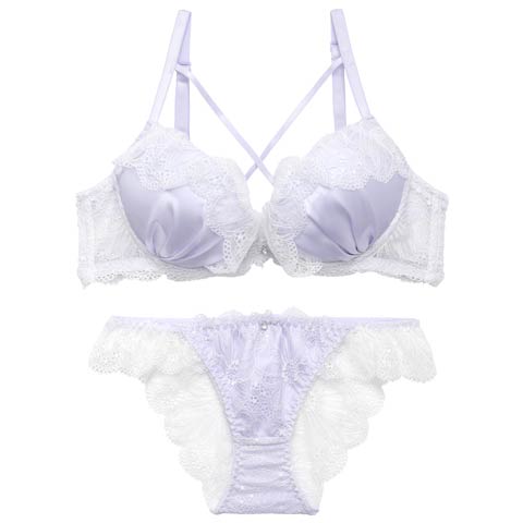4/8新作!【かとゆり着用】ミルキーサテンレースブラジャー&バック透けフルバックショーツ[推し][人気](パープル-A70/ショーツM)