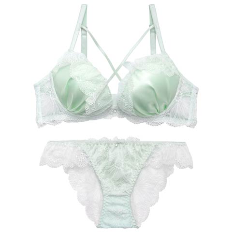 4/8新作!【かとゆり着用】ミルキーサテンレースブラジャー&バック透けフルバックショーツ[推し][人気](ミント-A70/ショーツM)