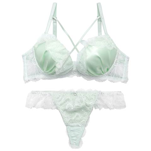 4/8新作!【Tバック】【かとゆり着用】ミルキーサテンレースブラジャー&バック透けTバックショーツ[推し][人気](ミント-A70/ショーツM)