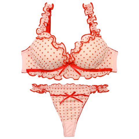 3/20新作!【Tバック】スウィーティドットフリルブラジャー&Tバックショーツ[推し][人気](レッド-B65/ショーツM)