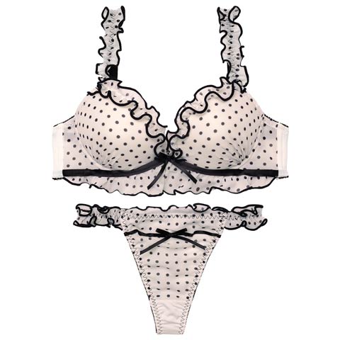 3/20新作!【Tバック】スウィーティドットフリルブラジャー&Tバックショーツ[推し][人気](ブラック-B65/ショーツM)