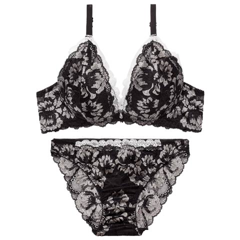 3/27新作!【EFサイズ】グラマラスフラワーレース育乳脇高ブラジャー&バック透けフルバックショーツ[推し](ブラック-E70/ショーツM)