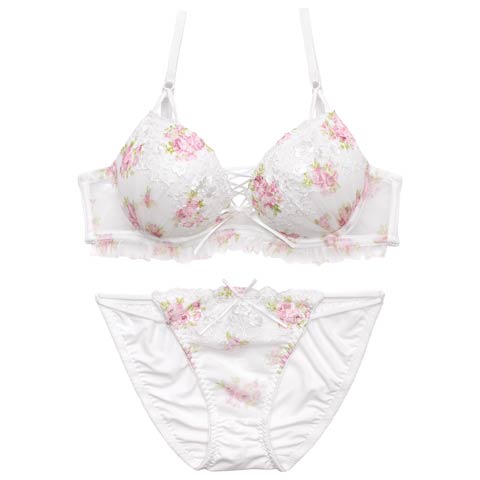 4/10新作!【かとゆり着用】ガーリーフラワーレースアップブラジャー&フルバックショーツ[推し][人気](オフホワイト-B65/ショーツM)