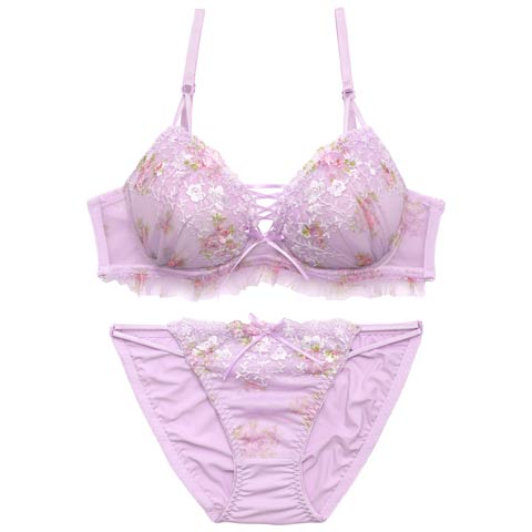 4/10新作!【かとゆり着用】ガーリーフラワーレースアップブラジャー&フルバックショーツ[推し][人気](パープル-B65/ショーツM)