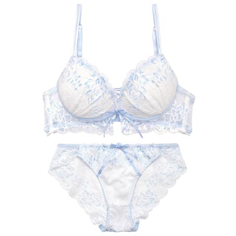 4/29新作!【EFサイズ】【かとゆり着用】パステルフラワーレースアップブラジャー&バック透けフルバックショーツ[推し](サックス-E70/ショーツM)