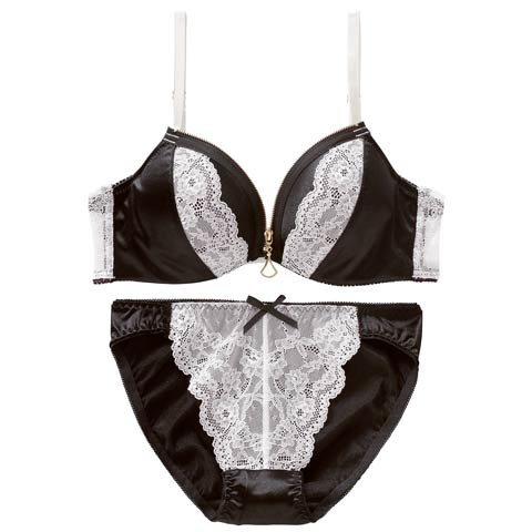 4/13新作!サテンレースファスナーブラジャー&フルバックショーツ[推し][人気](ブラック-B65/ショーツM)