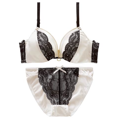 4/13新作!【EFサイズ】サテンレースファスナーブラジャー&フルバックショーツ[推し](ホワイト-E70/ショーツM)