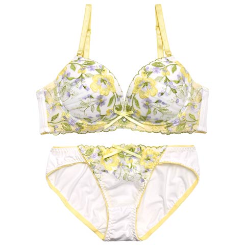 4/27新作!ピュアボタニカルフラワーブラジャー&フルバックショーツ[推し][人気](イエロー-B65/ショーツM)