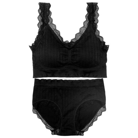 【ノンワイヤー】ハーフトップレースブラジャー&フルバックショーツ[推し][人気](ブラック-ML)